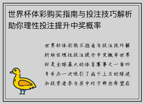 世界杯体彩购买指南与投注技巧解析助你理性投注提升中奖概率